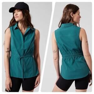 Athleta Women Plus Levitate Poplin Collard Button Down Sleeveless Top Green - 1X